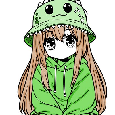 girl with anime shaped eyes with a dinosaur bucket hat oversized sweatshirt long straight hair