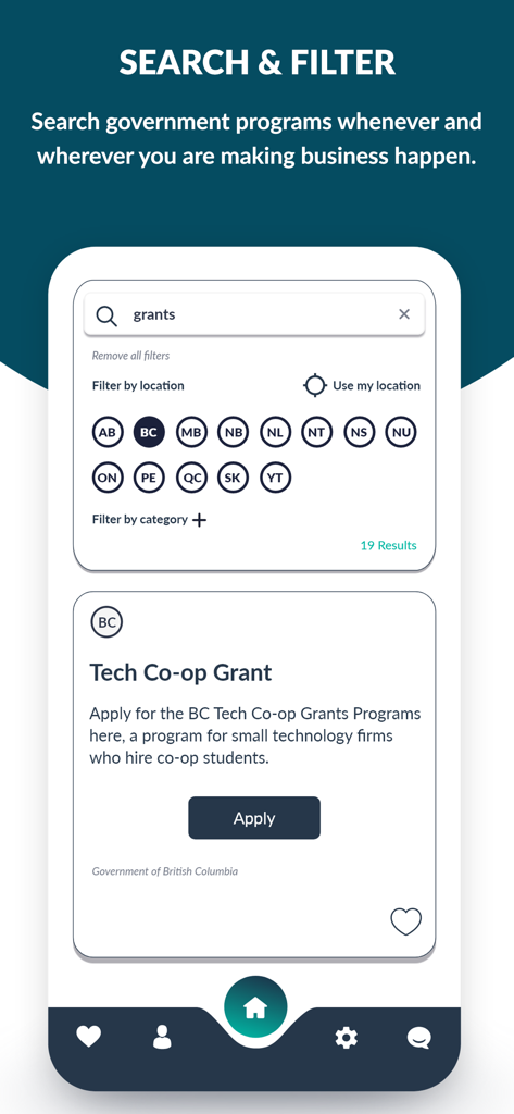 Canada Business - Interface of the Canada Business app showing search results for government grants filtered by province