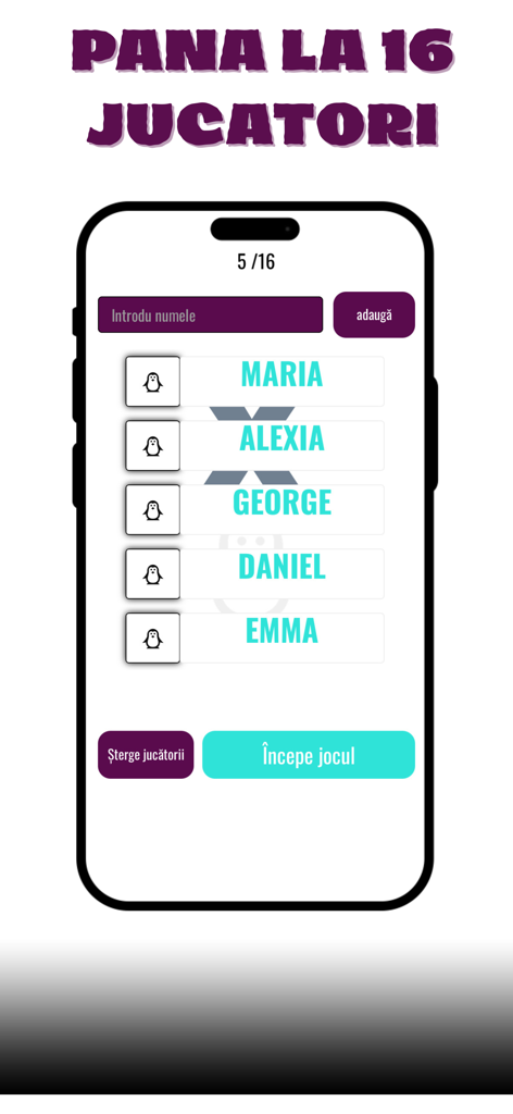 A smartphone showing the player entry screen for the Pengu Party game app with a list of participants and a start button.