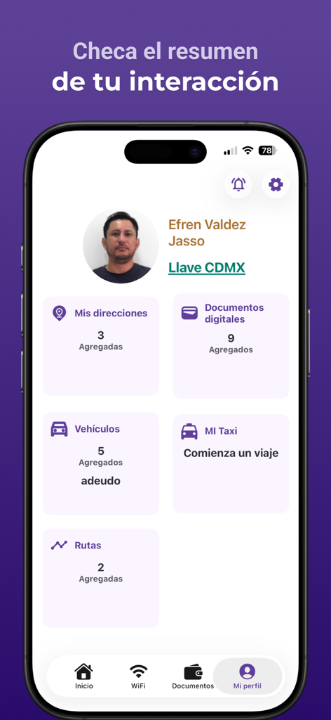 App CDMX profile dashboard showing a summary of digital documents vehicles and personal addresses
