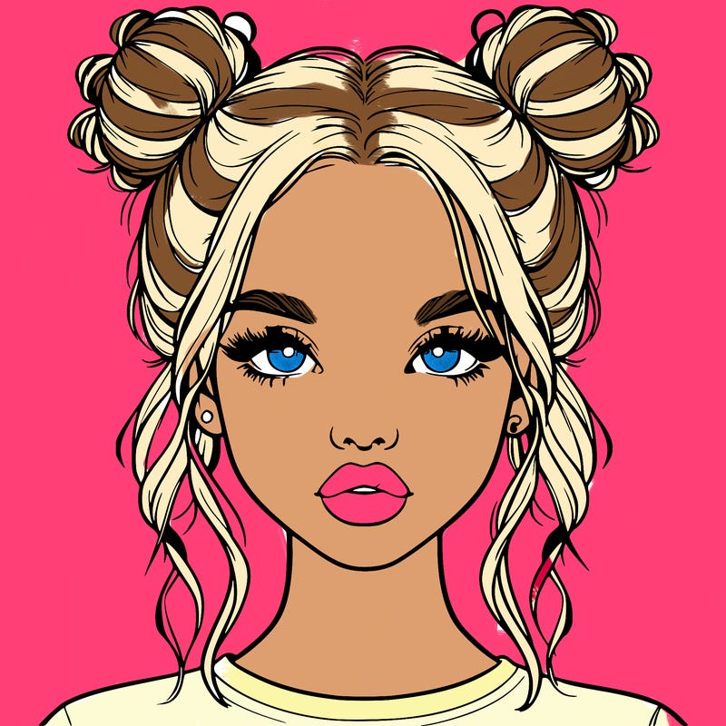 realistic girl with two buns in hair and lips