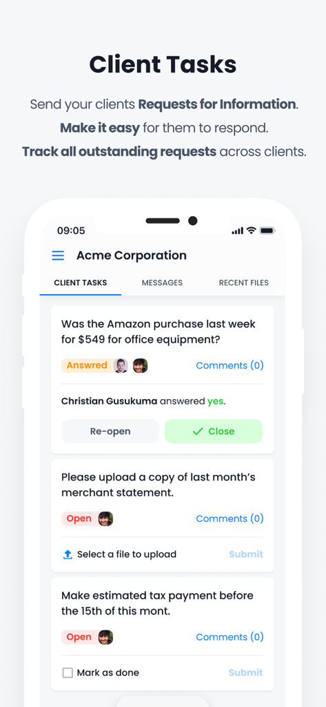 Interface de l'application Client Hub affichant les tâches client en attente et les demandes d'informations.