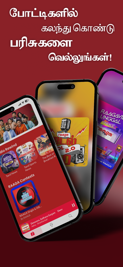 Three iPhones showing the RAAGA app interface with Tamil radio contests and news segments