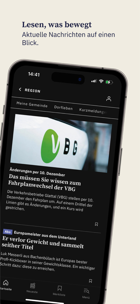Zürcher Unterländer News - Regionaler Nachrichten-Feed der Zuercher Unterlaender Mobile App mit lokalen Artikeln auf einem Smartphone