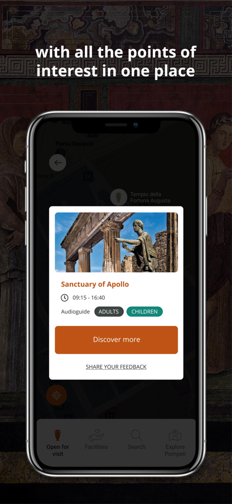 MyPompeii - MyPompeii app showing the Sanctuary of Apollo point of interest with audioguide options for adults and children