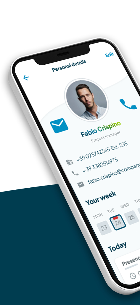 Fluida.io - Fluida app interface showing employee profile information and weekly calendar