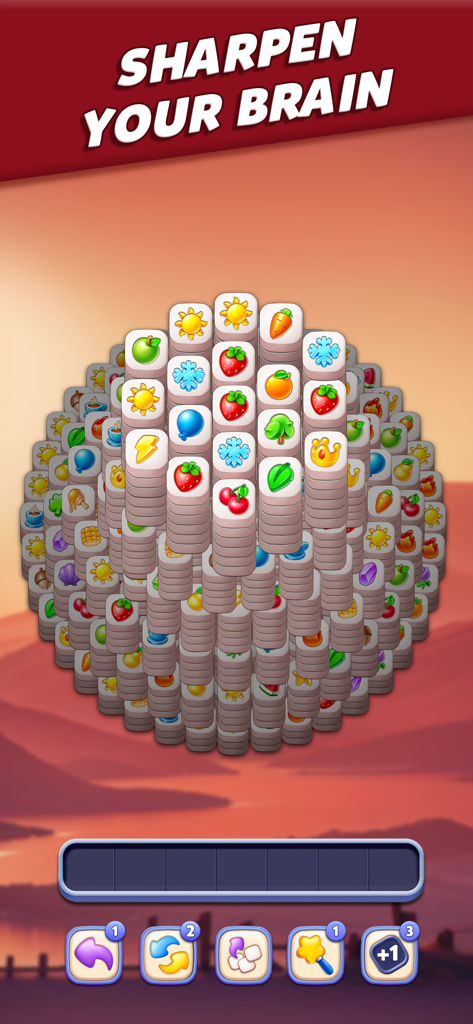 A stacked tile matching puzzle from Tile Busters with a Sharpen Your Brain title