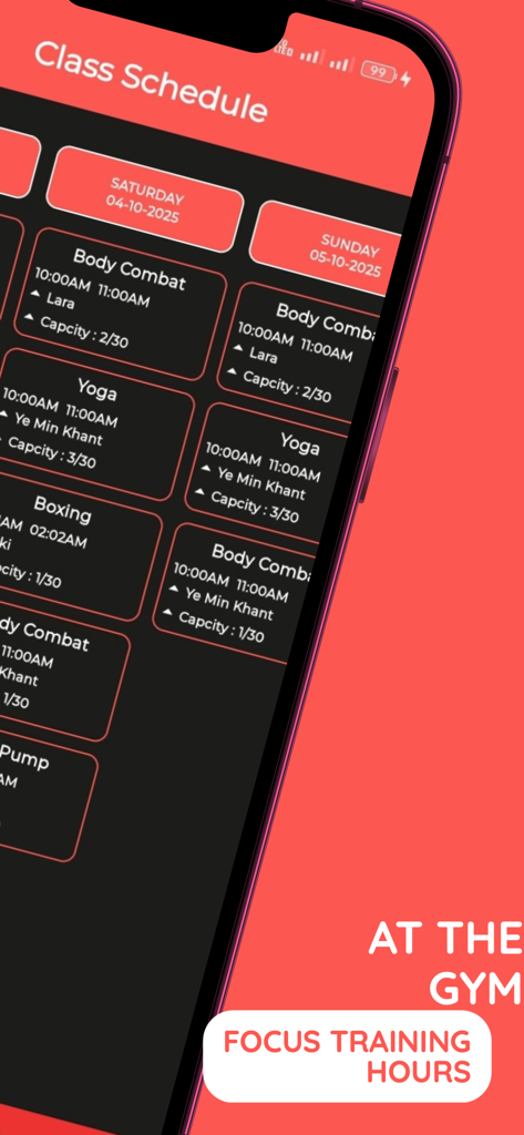 Go Fitness Gym - Mobile app interface showing the Go Fitness Gym class schedule with sessions for Yoga, Boxing, and Body Combat.