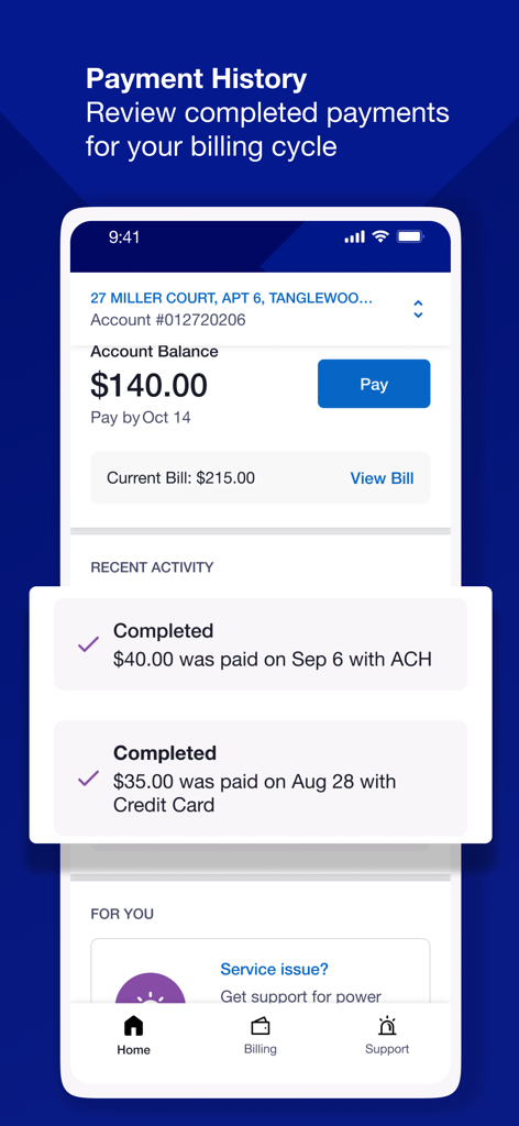 National Grid app screenshot displaying account balance and recent payment history activity.