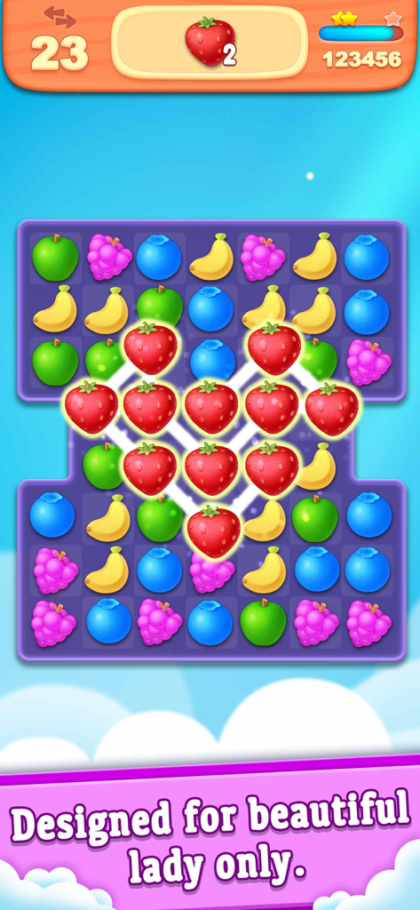 Fruit Splash Glory - A colorful fruit linking puzzle game board from Fruit Splash Glory where strawberries are connected in a heart shape