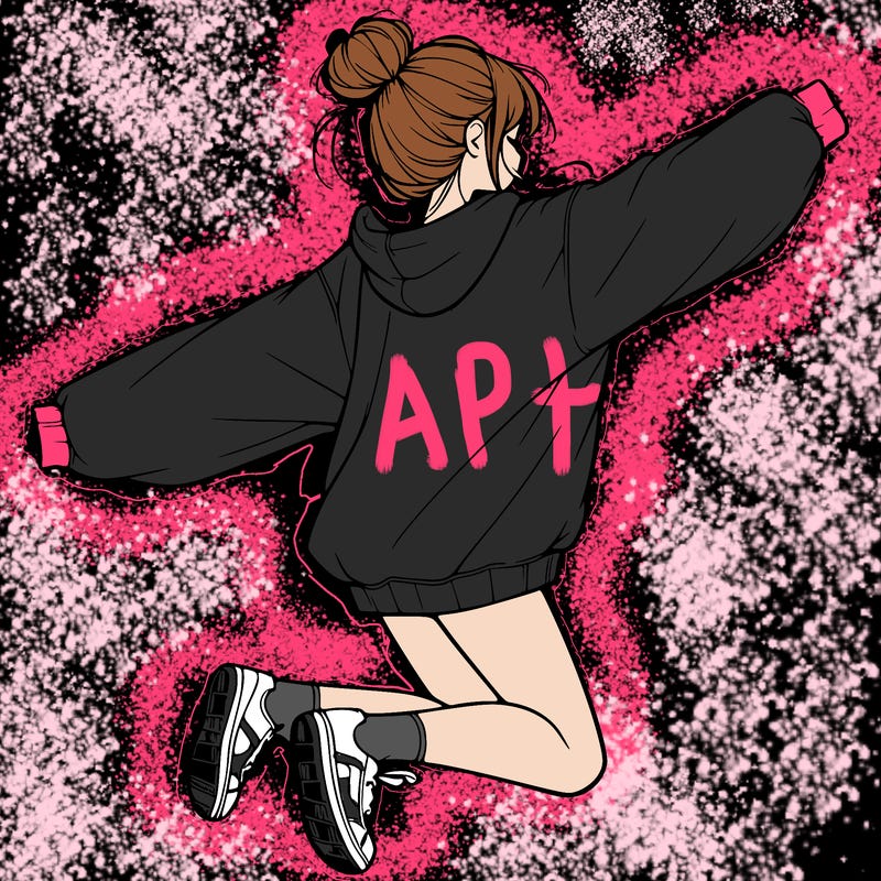 realistic girl jumping with a bun and oversized sweatshirt