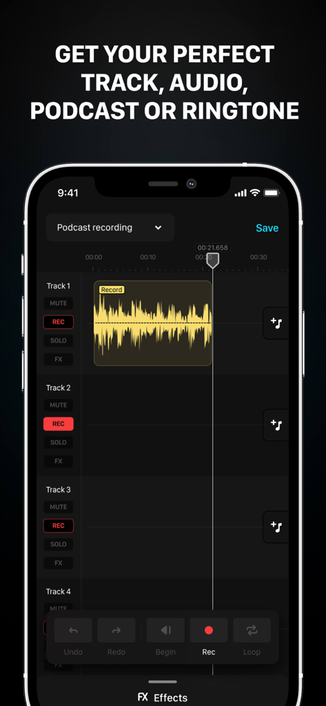 Interface do aplicativo Audio One mostrando gravação de podcast multitrilha em um iPhone