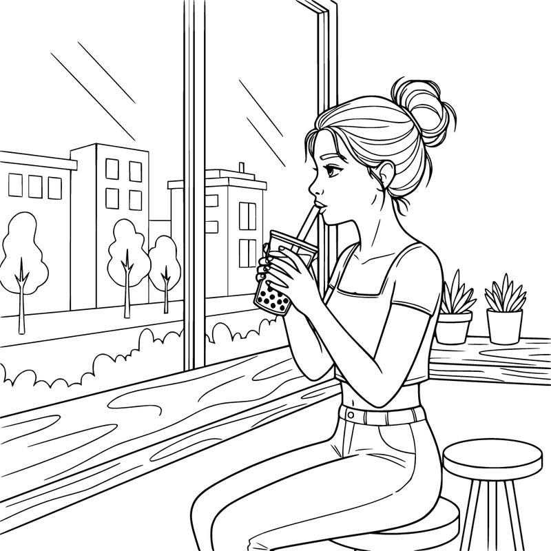 a teen girl drinking boba at a bar close to the window in a shop with a crop top.