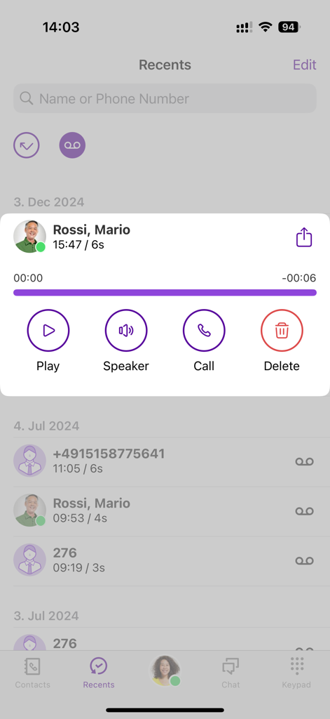 Sprachnachrichten-Wiedergabeoberfläche im Anrufprotokoll von Swyx Mobile.