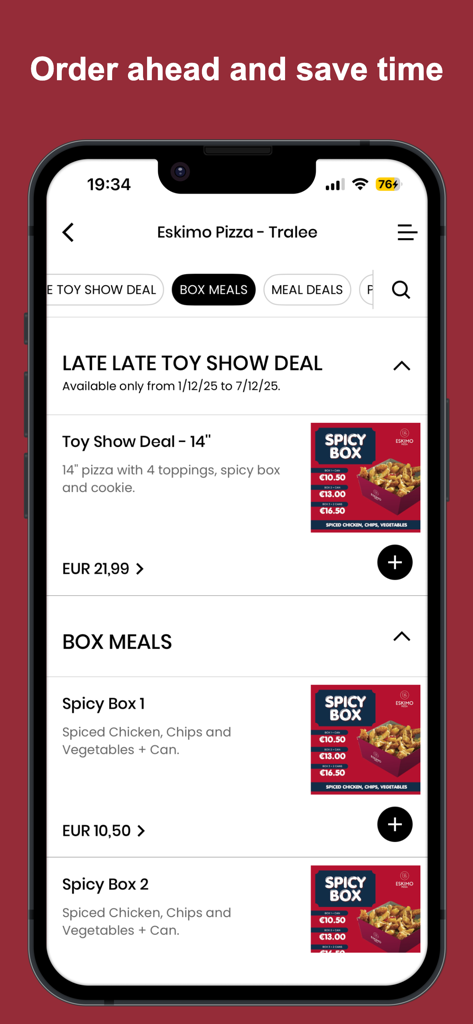 Eskimo Pizza App - Eskimo Pizza mobile app interface showing box meals and deals