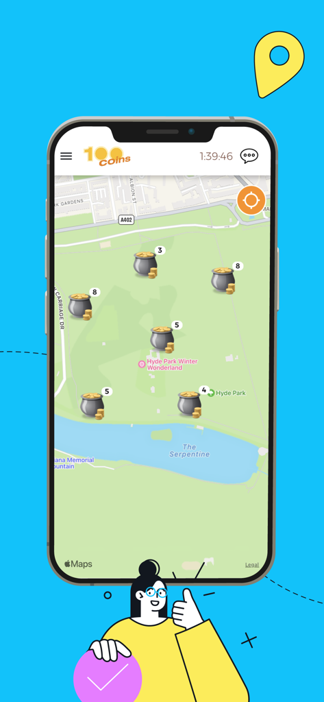 Smartphone screen showing the Loquiz app with a gamified map of Hyde Park featuring collectible coin points for a scavenger hunt.