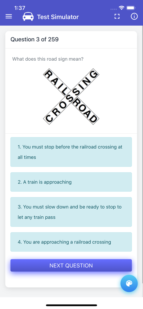Indiana BMV Practice Exam - A test simulator screen from the Indiana BMV practice exam app showing a road sign question