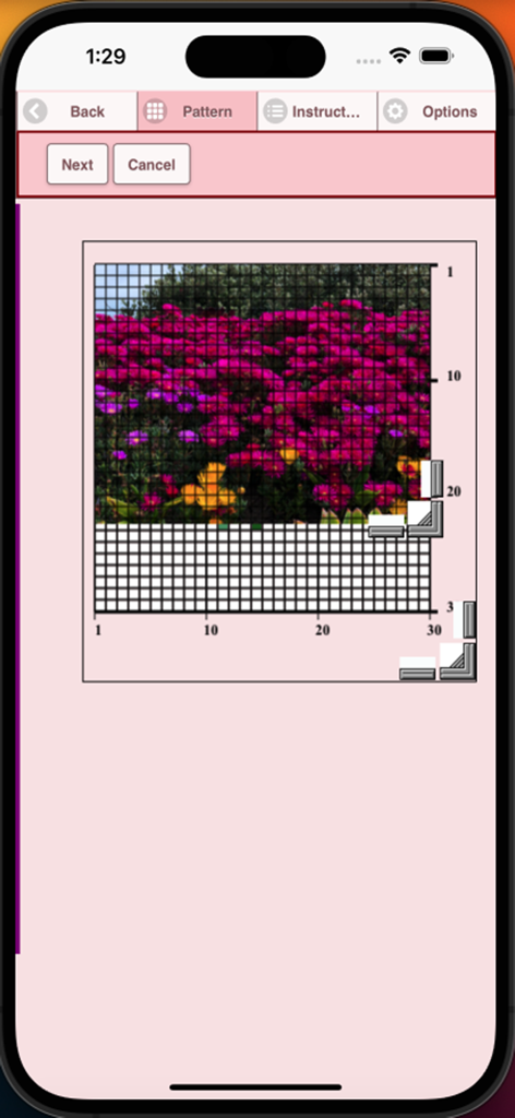 A mobile app interface showing a photo of flowers being converted into a cross stitch grid pattern