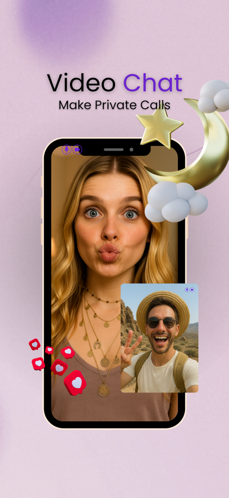 Una captura de pantalla de la aplicación Chatty que demuestra la función de videollamada privada con dos personas conectándose en sus teléfonos.