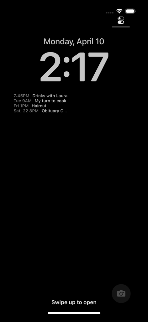 Upcoming Events Widget - iPhone lock screen featuring a minimalist widget that lists upcoming calendar events and appointments.