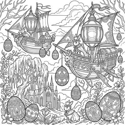 Dive into a uniquely dark and enchanting Easter celebration with this Gothic Lightships coloring page. Discover ornate airships, Victorian-clad bunnies, and intricately detailed eggs against a mysterious landscape.