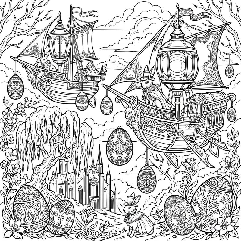 Dive into a uniquely dark and enchanting Easter celebration with this Gothic Lightships coloring page. Discover ornate airships, Victorian-clad bunnies, and intricately detailed eggs against a mysterious landscape.