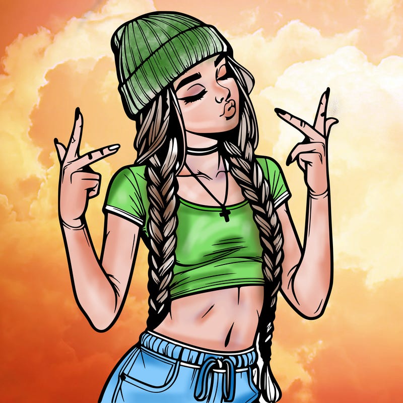 realistic teenage girl with braids and a beanie and crop top doing 🫶🏼