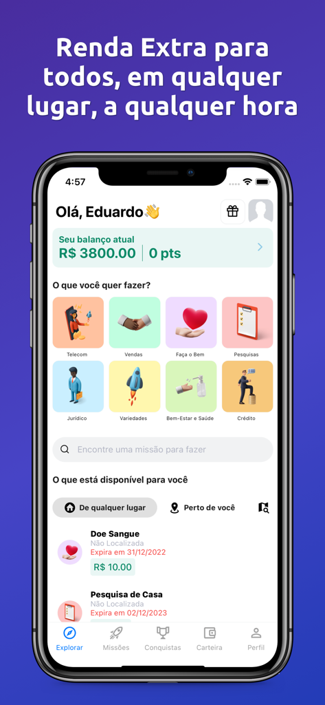 Mission Brasil - Schermata principale dell'app Mission Brasil che mostra le missioni occasionali disponibili e i guadagni dell'account