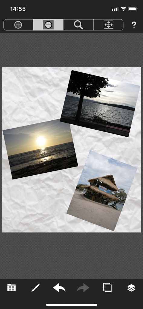 PicMix Lite - Interfaz de la aplicación PicMix Lite mostrando un collage de fotos de paisajes sobre un fondo de papel arrugado