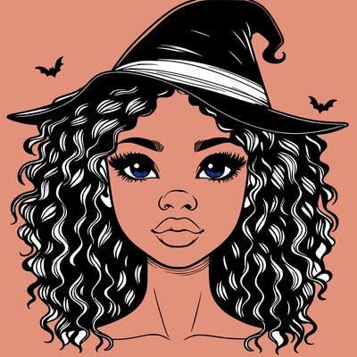realistic black girl with wavy hair and witch hat and nose and lips