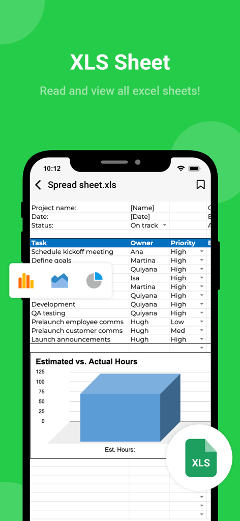 A mobile app screenshot displaying an Excel spreadsheet with a task list and bar chart, highlighting the XLS sheet viewing feature.