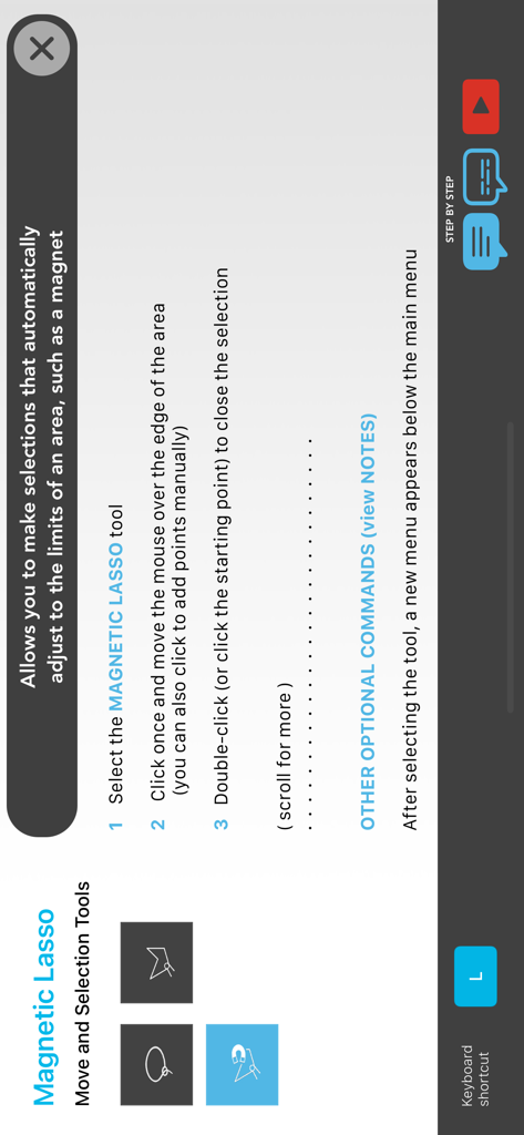 Tutorial screen for the Magnetic Lasso tool in the Learn Ps Tools app showing step by step instructions and keyboard shortcuts