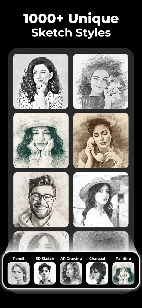 Pencil Sketch Photo Editor - A collection of portrait photos transformed into unique pencil sketch and charcoal artistic styles within the app interface