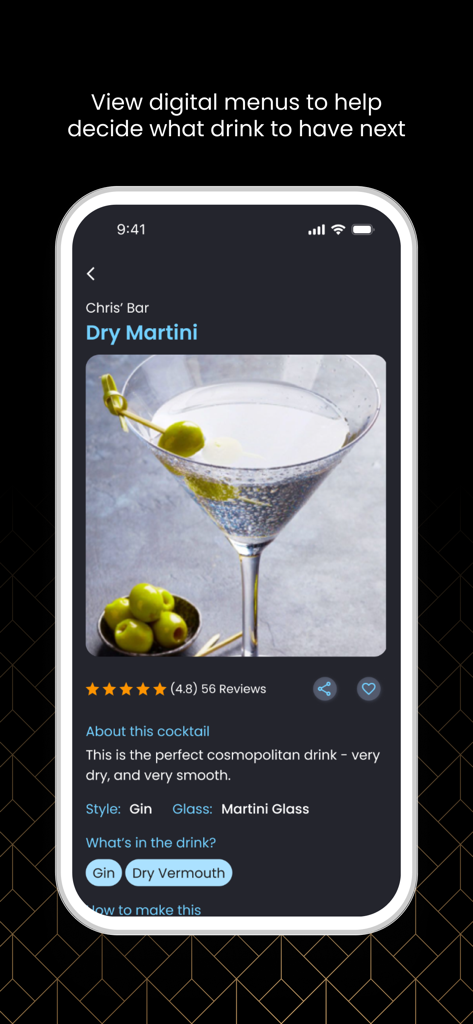 The Bar Book - Digital menu in The Bar Book app showing a dry martini recipe with rating and ingredients