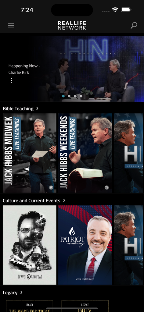 Real Life Network - Home screen of the Real Life Network app showing Bible teaching and culture categories