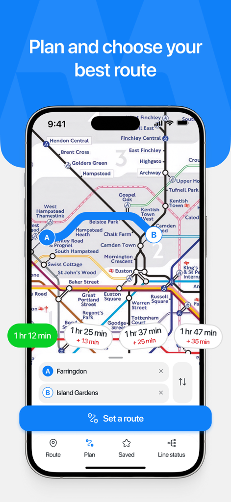 London Underground Planner - iPhone screen showing route planning for the London Tube map with travel time estimates