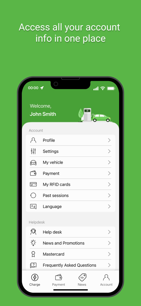 e-charge - Account dashboard of the e-charge mobile app for electric vehicle charging management