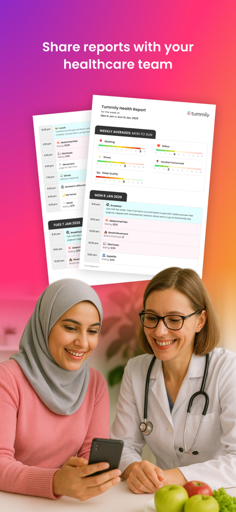 Tummily: Gut & IBS Tracker - A woman and her doctor reviewing gut health reports on a smartphone.