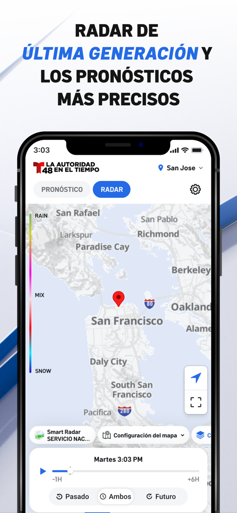 Aplicación móvil Telemundo 48 mostrando un mapa interactivo del radar meteorológico del Área de la Bahía de San Francisco en español.