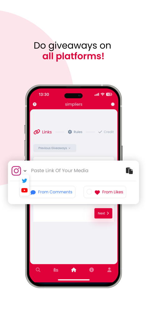 Simpliersアプリのインターフェース、Instagram、Twitter、YouTubeでのプレゼント企画当選者選定用