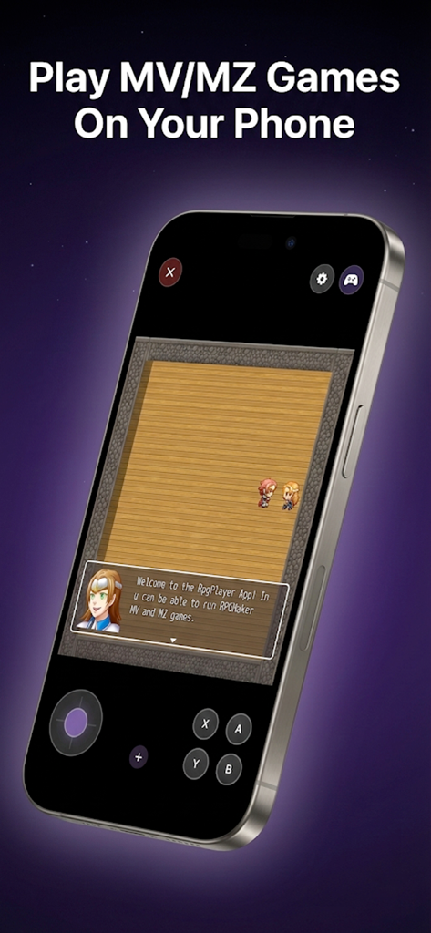 An iPhone displaying an RPG Maker game with a virtual controller and dialogue box