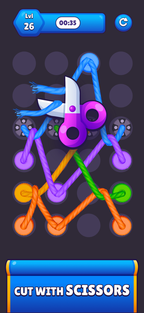 Tangle Masters | گره باز - A gameplay screen from Tangle Masters showing level 26 with a scissors booster cutting through colorful tangled 3D ropes.