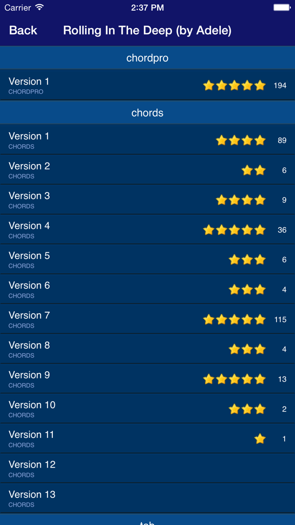 GuitarTapp PRO - Tabs & Chords - Interface of GuitarTapp PRO showing multiple versions and ratings for song chords.