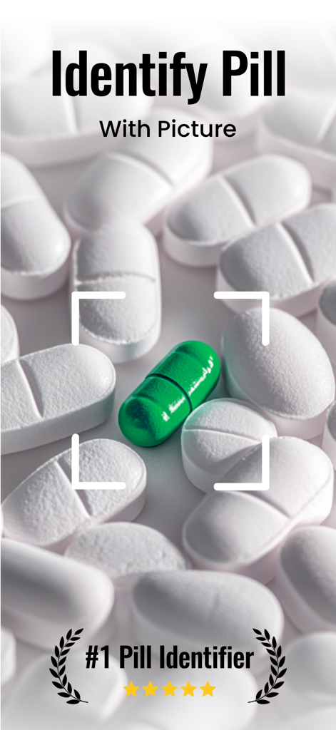 Pill Identifier + Drug Search - Pill identifier app interface showing a green capsule being scanned with a camera for identification