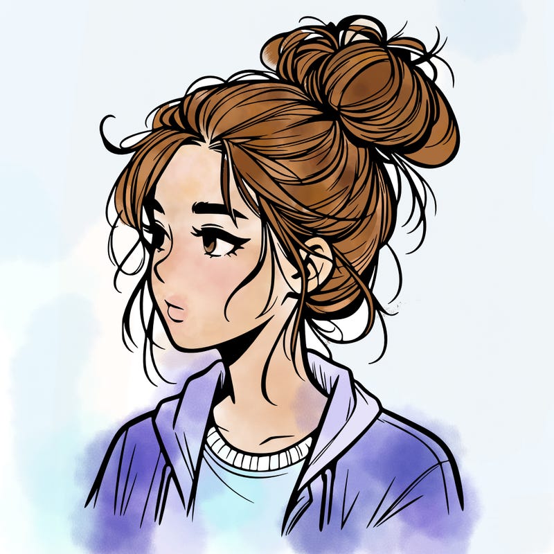 realistic teenage girl with a messy bun