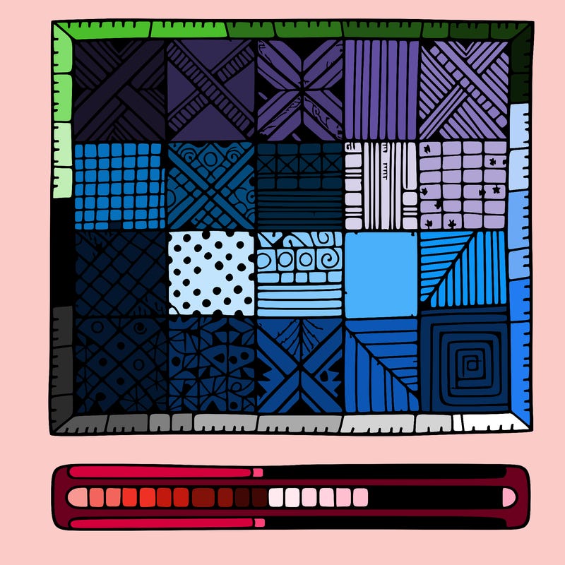 clean and bold: a simple patchwork quilt with various patterned squares.