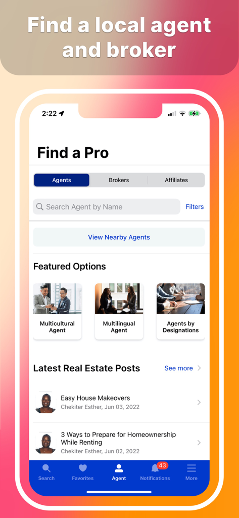 Homes And Rentals - Interfaz de la aplicación HAR.com para buscar agentes y corredores de bienes raíces locales de Texas con filtros multiculturales y multilingües