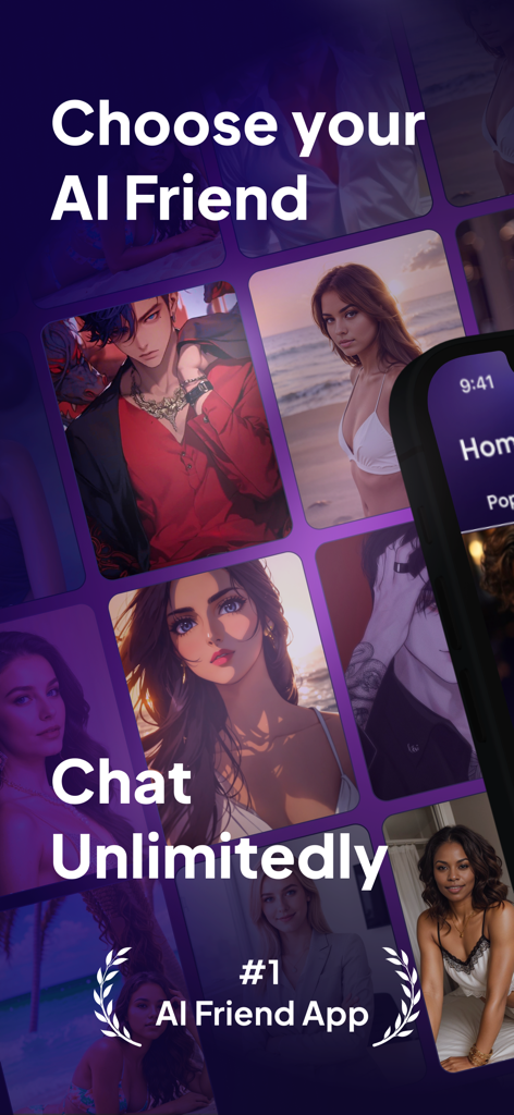 Fling AI Character & Roleplay - Una interfaz de aplicación móvil que muestra varios avatares de personajes de IA y retratos realistas con los títulos Elige tu Amigo de IA y Chatea sin Límites