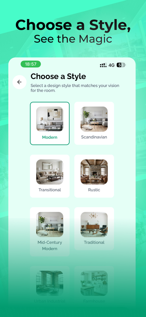 AI Interior Design - RoomStage - RoomStage App-Bildschirm zur Auswahl von Innenarchitekturstilen wie Modern und Skandinavisch.