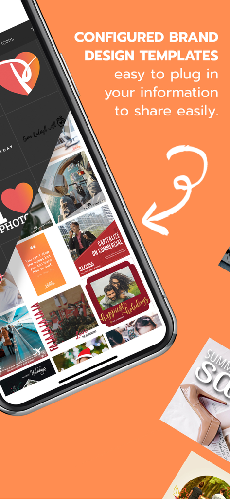Photofy Content Creation - A smartphone screen displaying various configured brand design templates for quick business content creation.